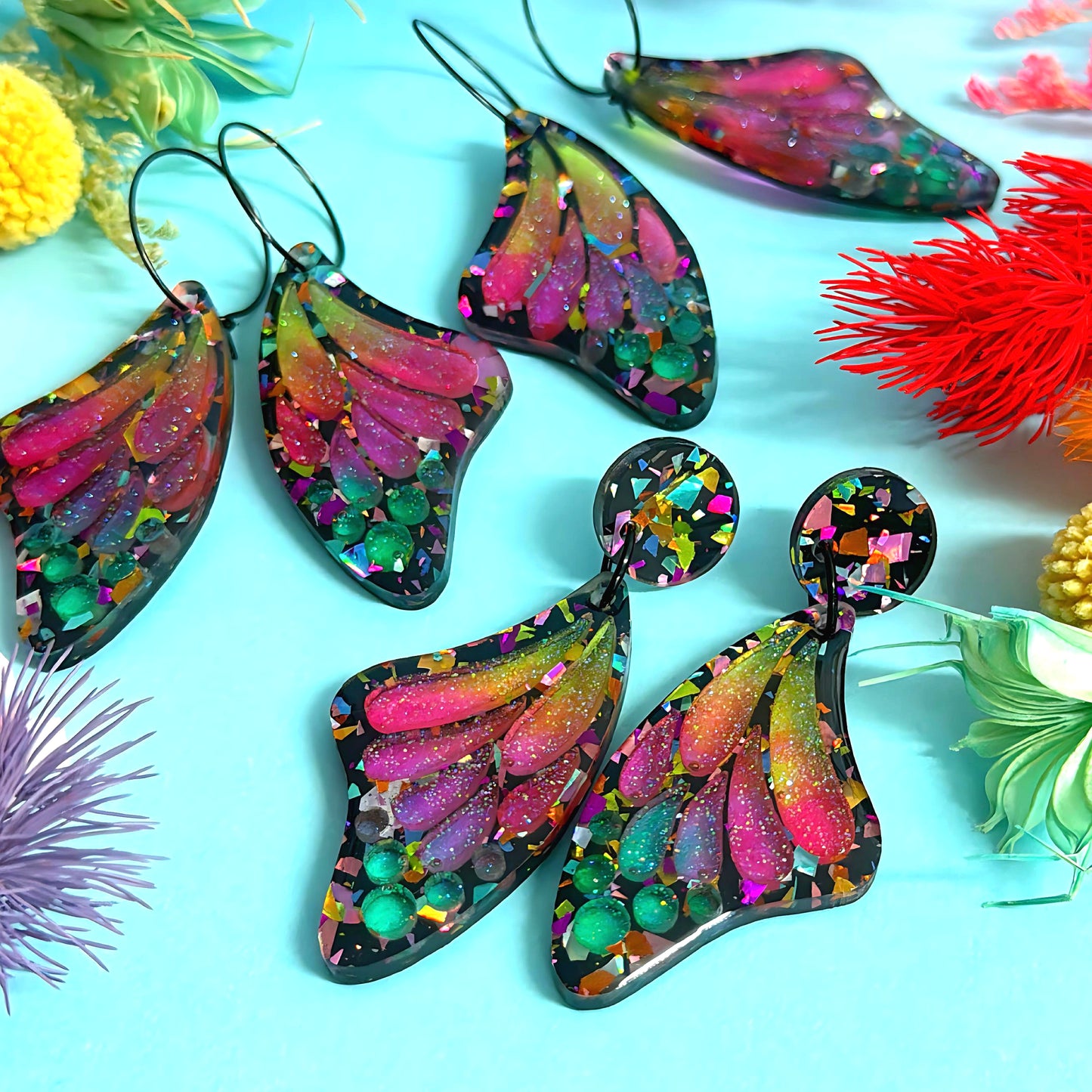 STAINED GLASS EFFECT MAGICAL RAINBOW WINGS : Butterfly Fairy : Handmade Holographic Resin & Acrylic DROP Earrings