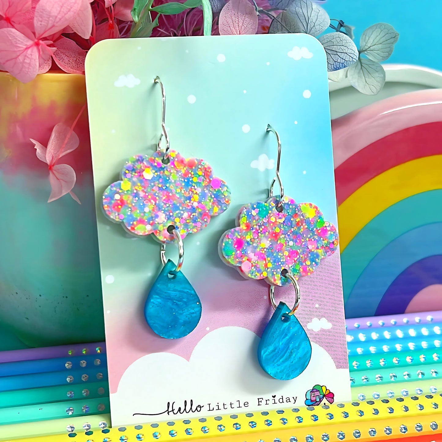 IT’S RAINING RAINBOWS : Patel confetti clouds : Handmade Resin & Acrylic DROP Earrings