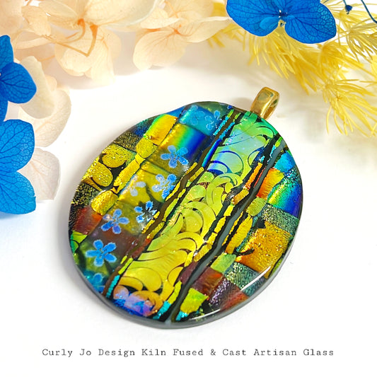 Cobalt Skies textured layers with woven gold aqua cobalt & ultramarine - Handcrafted Artisan Glass Pendant : Kiln-fused Dichroic Glass