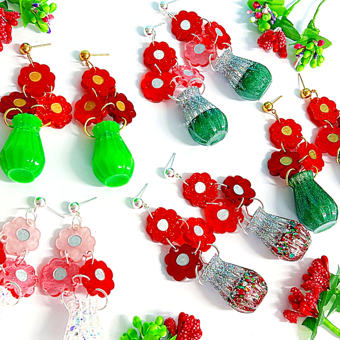 FESTIVE BOUQUETS : 3D VASE : Handmade Acrylic & Resin DROP Earrings