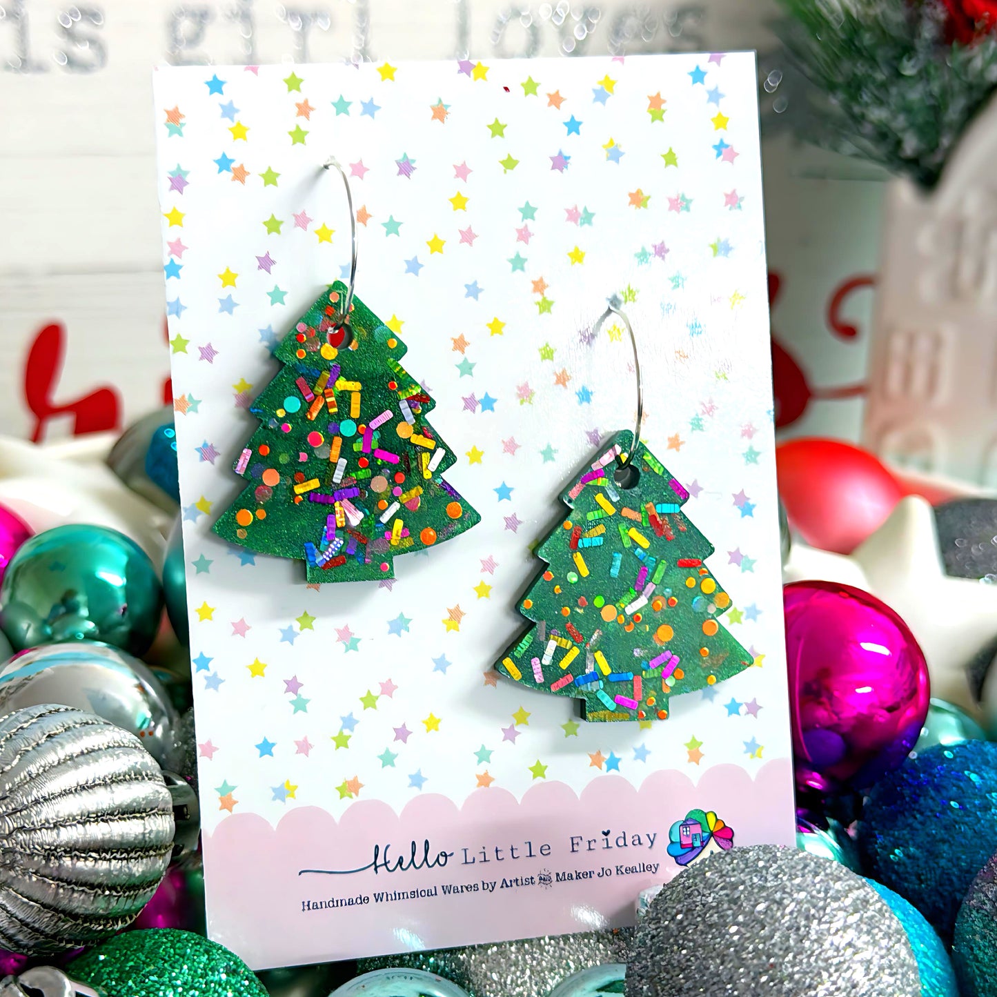 TWINKLING RAINBOW TINSEL CHRISTMAS TREES : Handmade Resin DROP Earrings