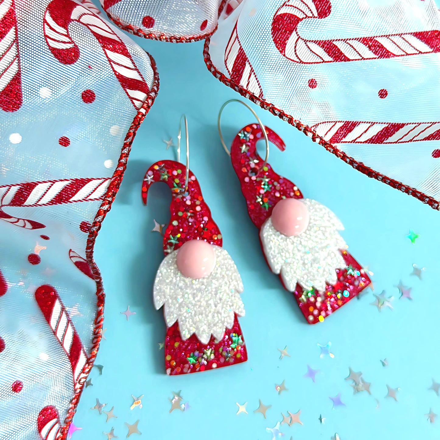 HELLO LITTLE SANTA GNOME : Red Stardust : Handmade Resin DROP Earrings
