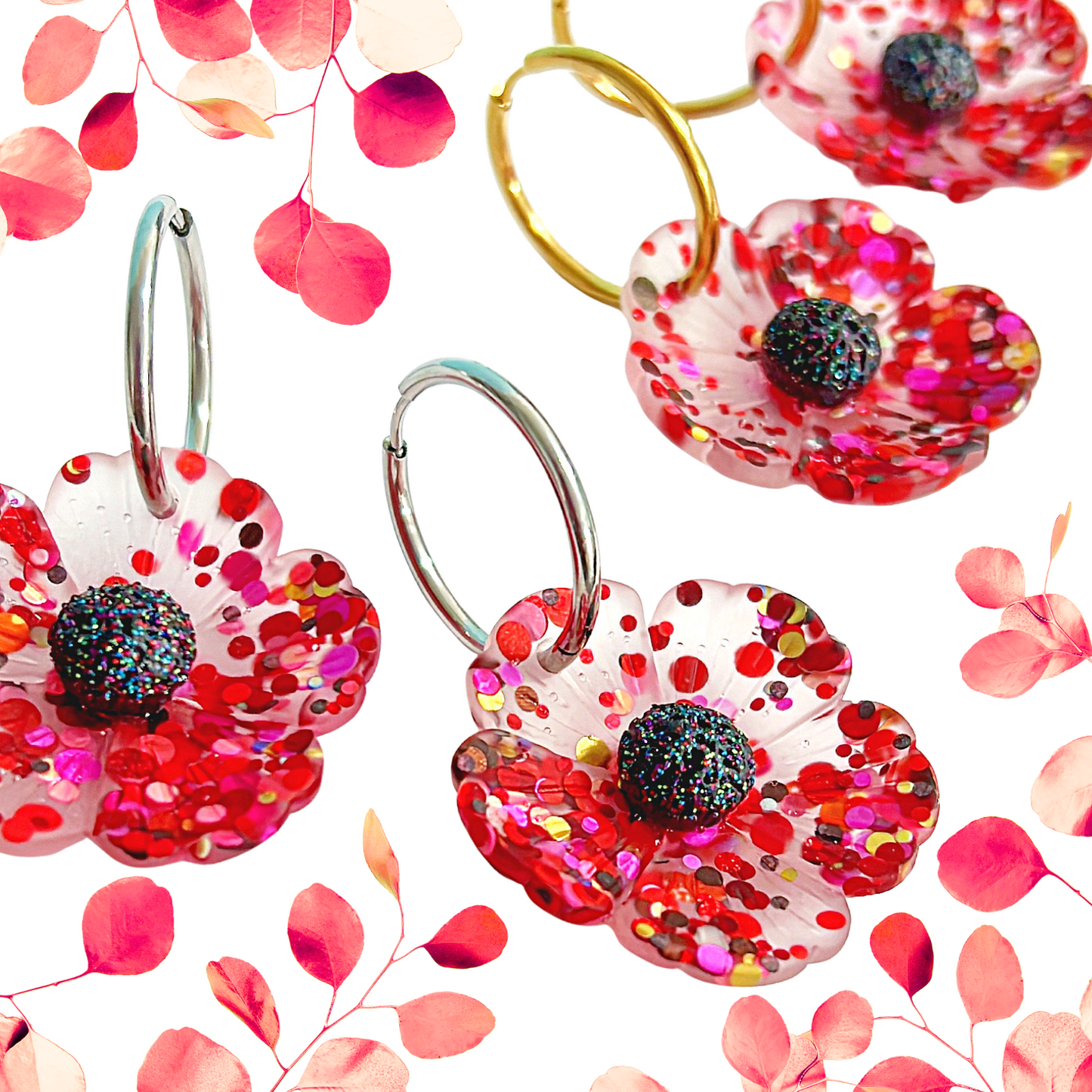 TRADITIONAL RED CONFETTI POPPIES : Handmade Resin Drop Earrings on Huggie Hoops