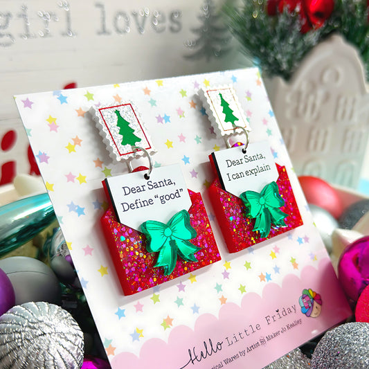 DEAR SANTA : Ruby Red Letters : Handmade Resin & Acrylic DROP Earrings