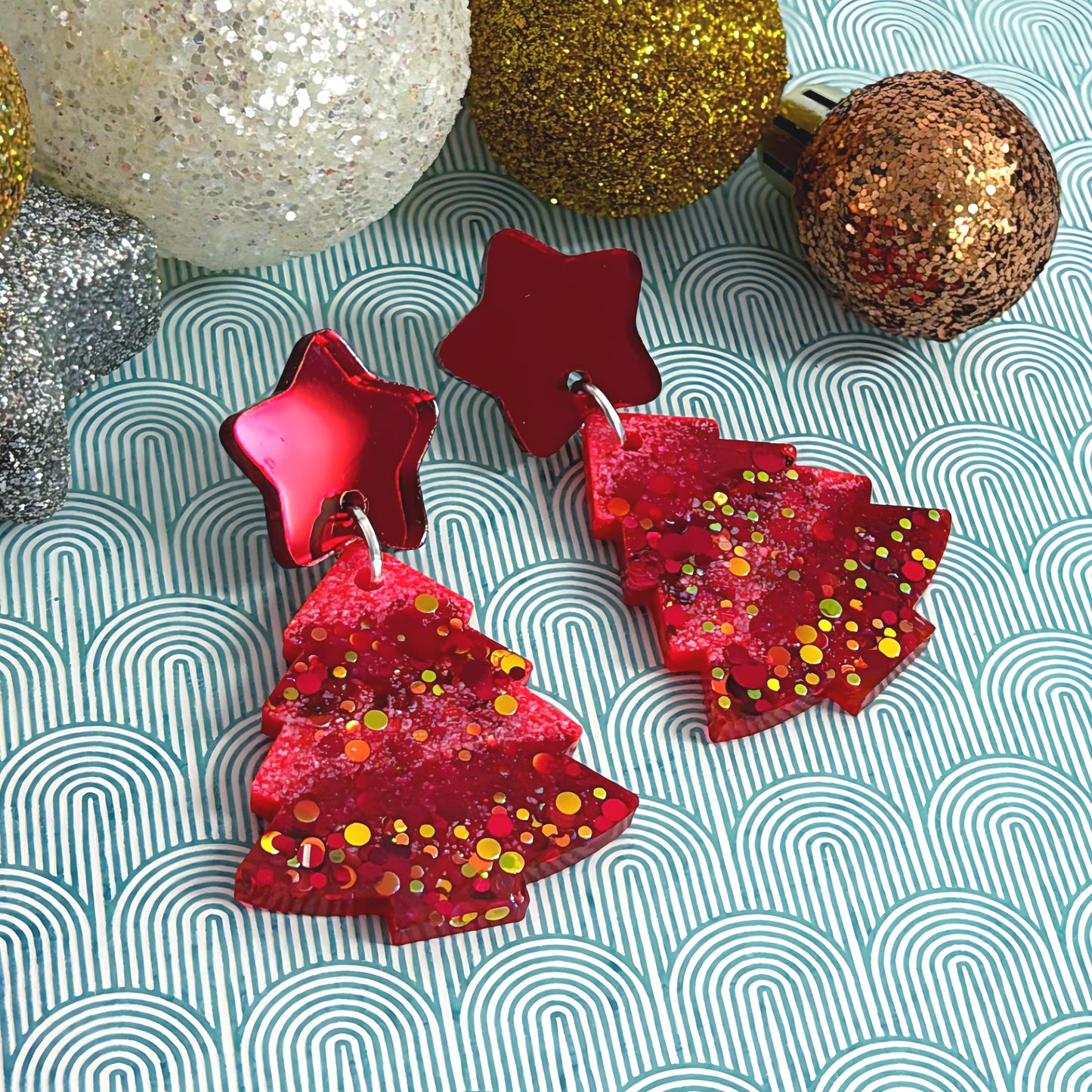 TWINKLING LIGHTS : RUBY CHRISTMAS TREES : Handmade Resin & Acrylic Stud-top DROP Earrings