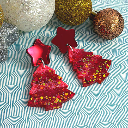 TWINKLING LIGHTS : RUBY CHRISTMAS TREES : Handmade Resin & Acrylic Stud-top DROP Earrings
