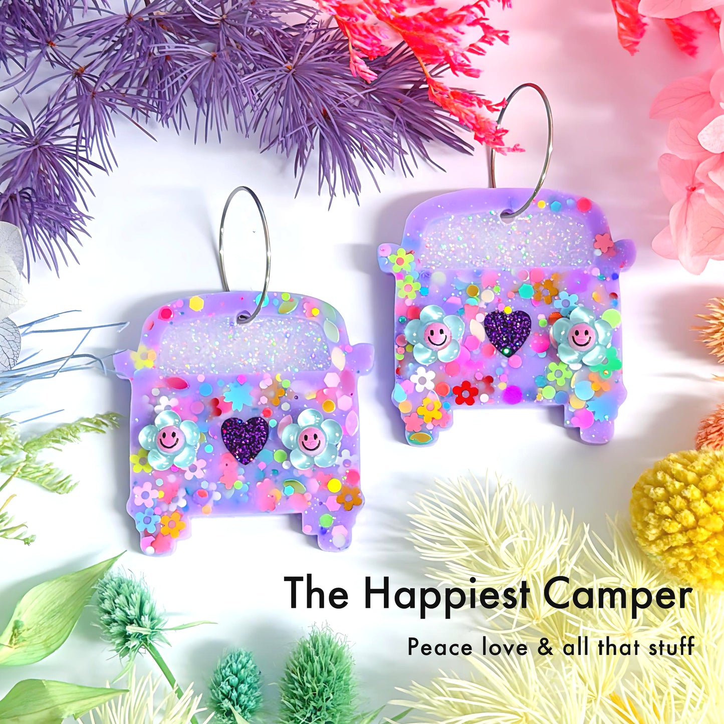 THE HAPPIEST CAMPER  : VIOLET DOTTY DAISY : Choose your colour Handmade Resin DROP Earrings