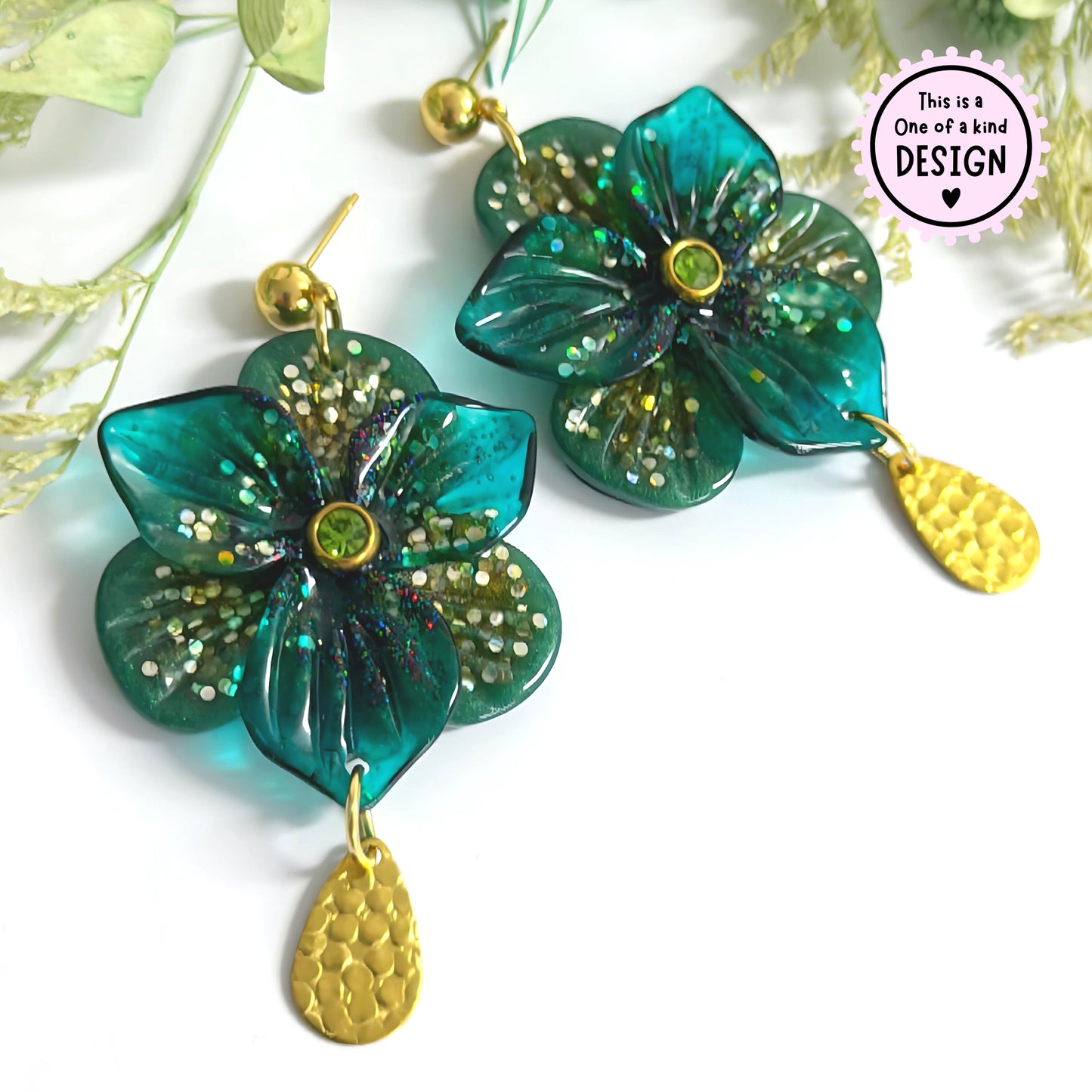 One of a Kind : 3D PANSIES with handset Swarovski centres : Handmade Resin DROP Earrings