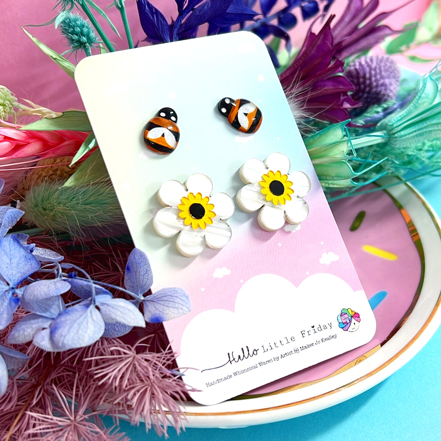 BUZZY BEES & BLOSSOMS SET : Handmade Acrylic STUDS