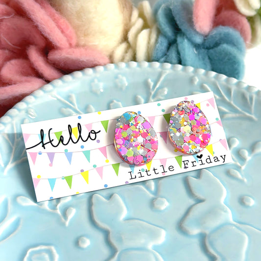 RAINBOW CONFETTI SHIMMER : Pinky Pie : Mini Easter Egg : Handmade Resin STUDS