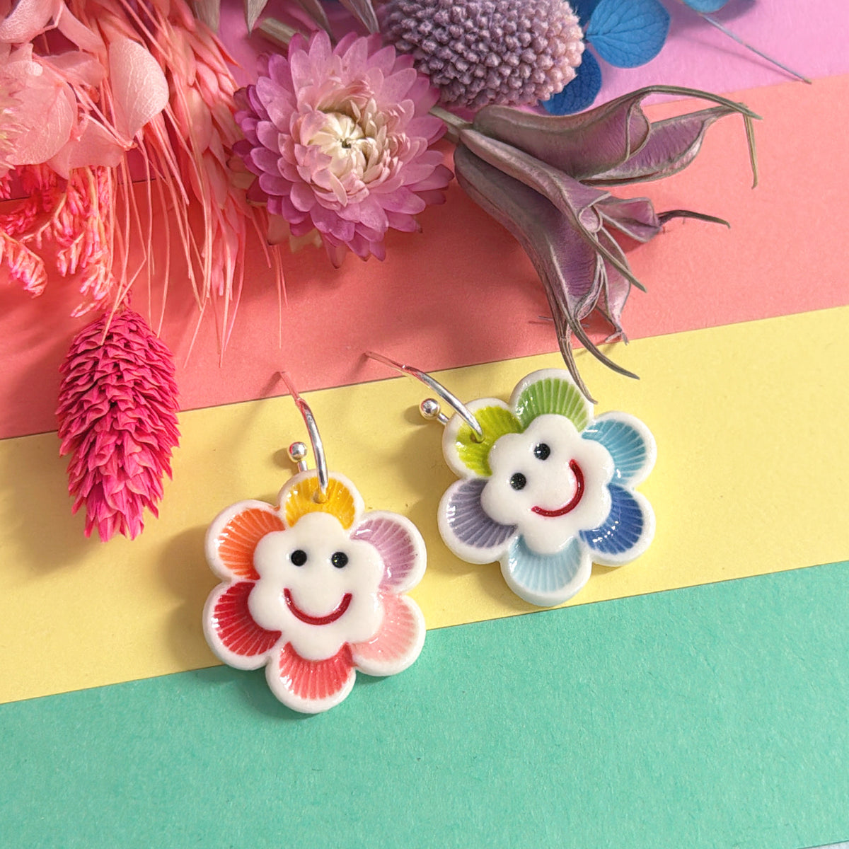 RAINBOW FIELDS : THE HAPPIEST DAISIES ~ Choose fitting colour : PORCELAIN Drop Earrings Handmade by Jo Kealley