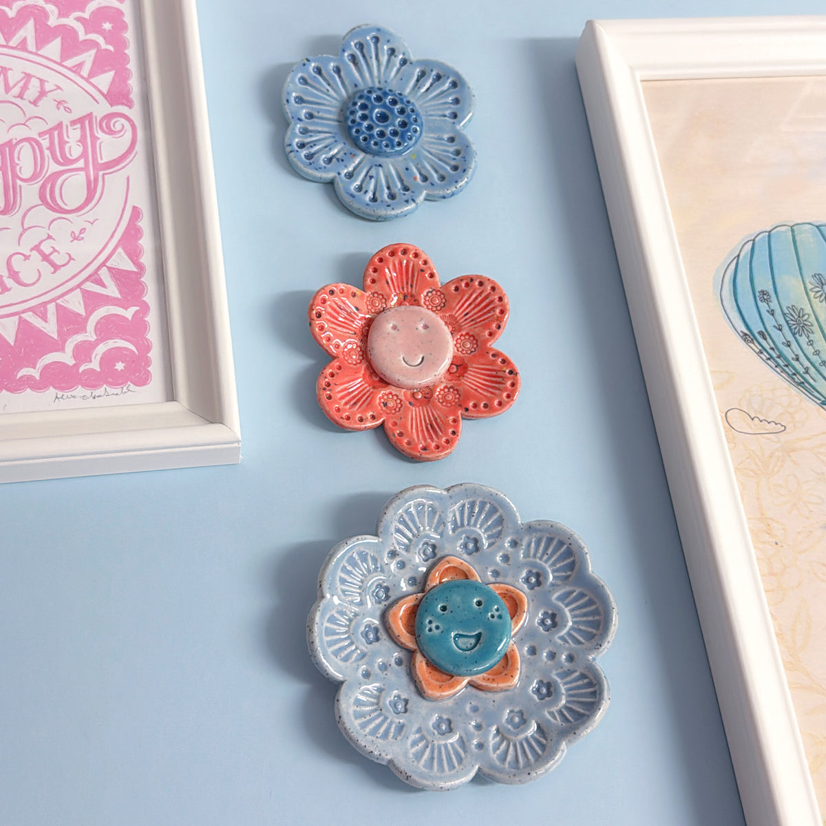 Peach Baby Blue & Denim WALLFLOWERS Wall Art : Choose your design : Handmade Ceramic Ornaments by Jo Kealley