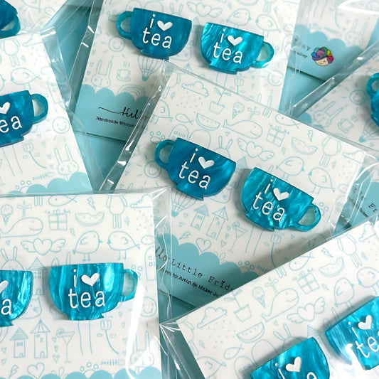 I LOVE TEA : BLUE : Handmade Acrylic STUDS
