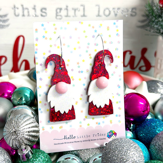 HELLO LITTLE GNOME : SPARKLING RUBY RED CHRISTMAS SANTA GNOME : Handmade Resin DROP Earrings