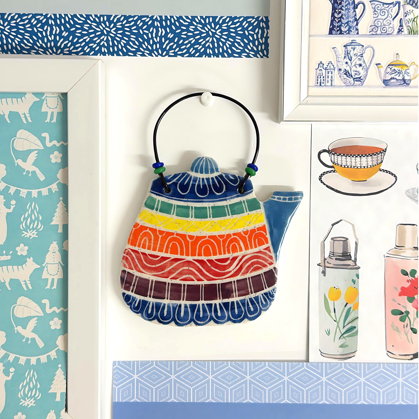 Hello Little RETRO TEAPOT RT5 : Handpainted Ceramic Wall Plaque Artwork by Jo Kealley