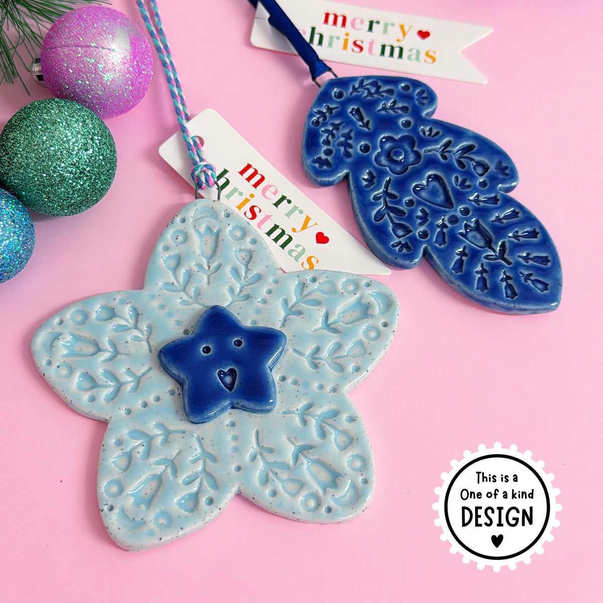 One of a kind ~ Choose your design : Large ~ Handmade Ceramic Christmas Ornaments by Jo Kealley
