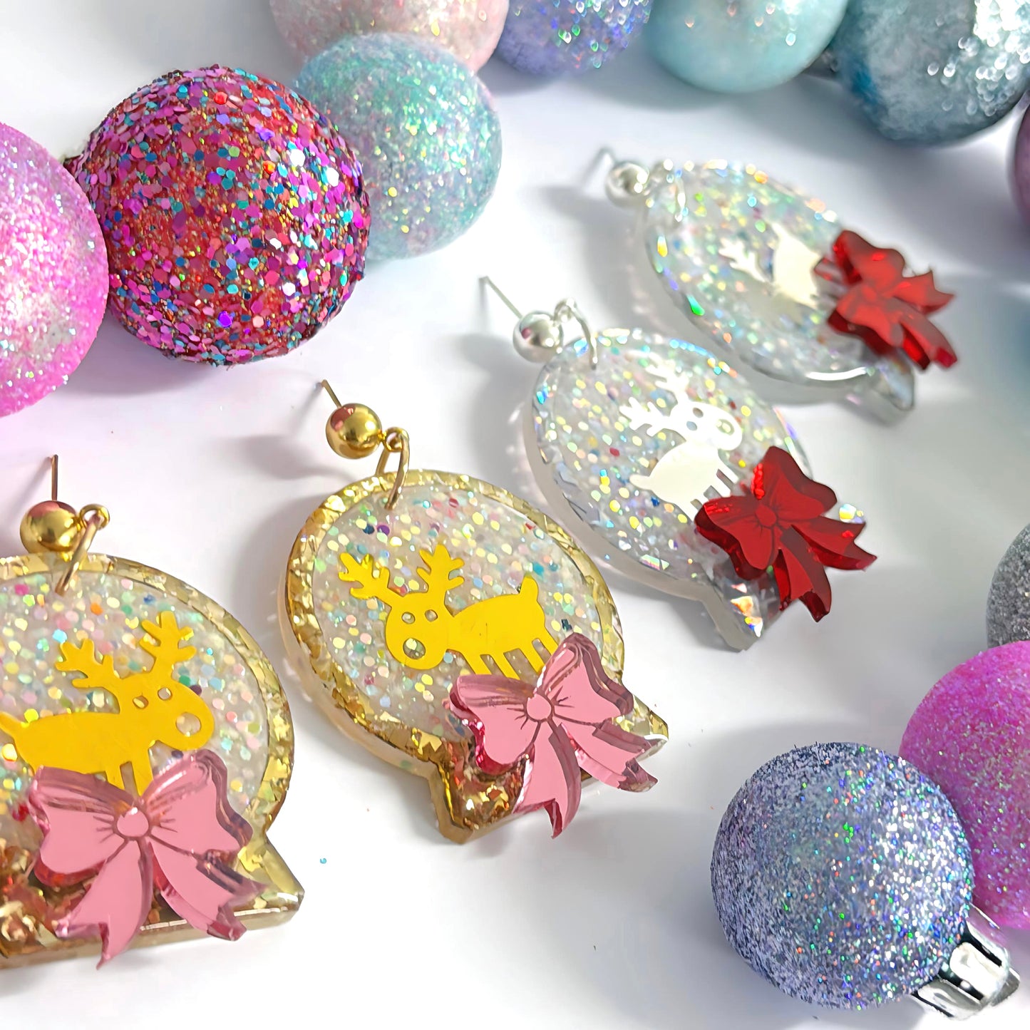 REINDEER SNOW GLOBES : Handmade Resin & Acrylic Stud-top DROP Earrings