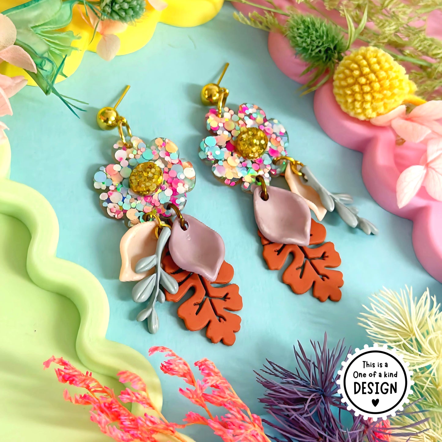 One of a Kind : RAINBOW CONFETTI DAISY : Handmade Resin DROP Earrings