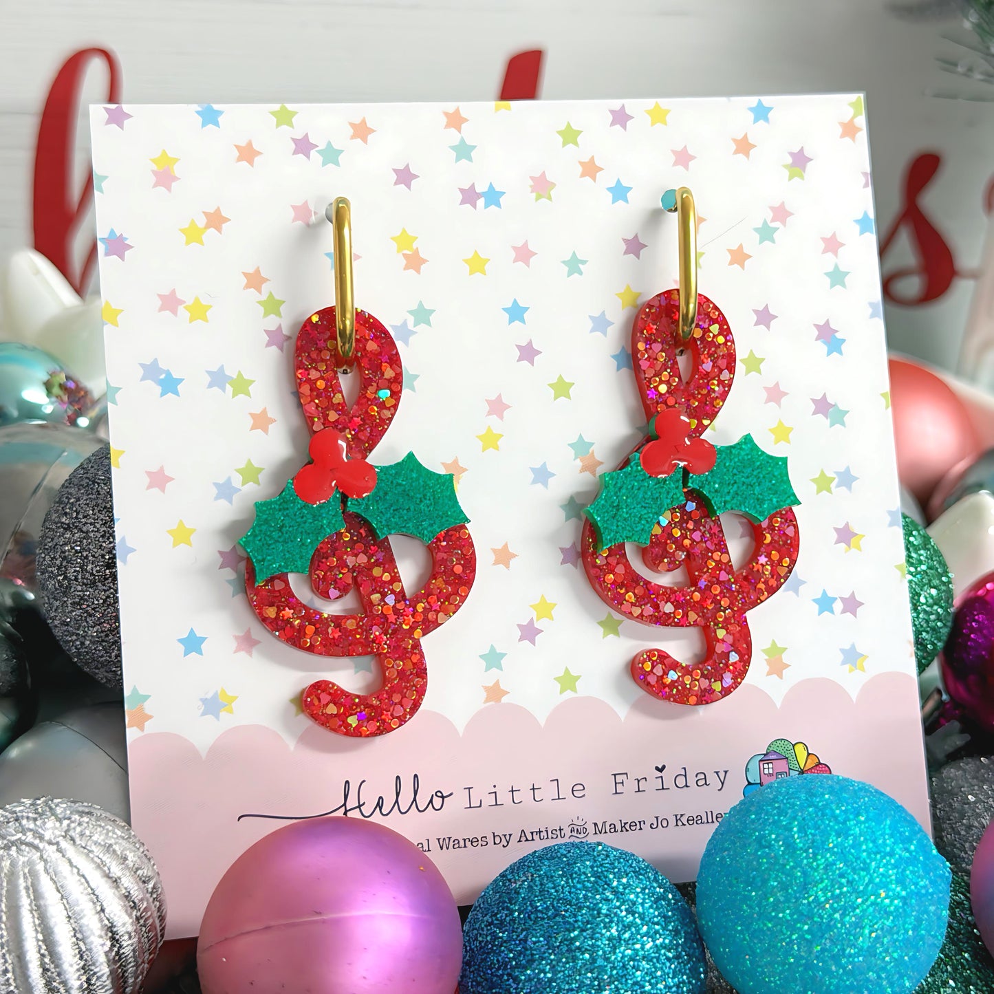 CHRISTMAS MUSIC : HOLLY : Handmade Resin DROP Earrings