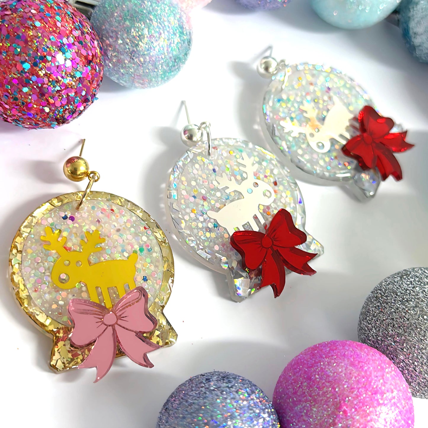 REINDEER SNOW GLOBES : Handmade Resin & Acrylic Stud-top DROP Earrings