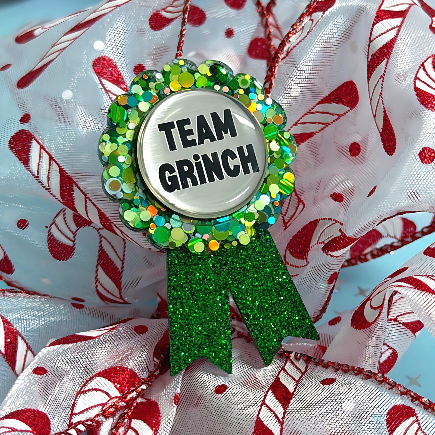 TEAM GRINCH : Emerald Green Ribbon Award : Handmade Resin & Acrylic BROOCH