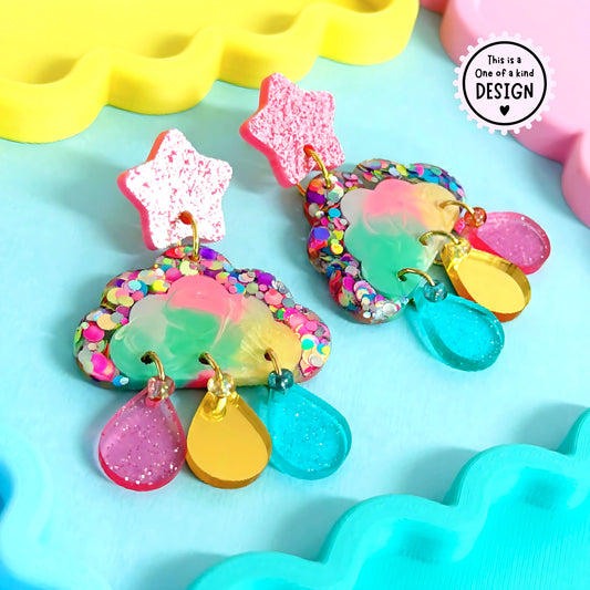 One of a Kind : IT’S RAINING RAINBOWS : Handmade Resin & Acrylic DROP Earrings