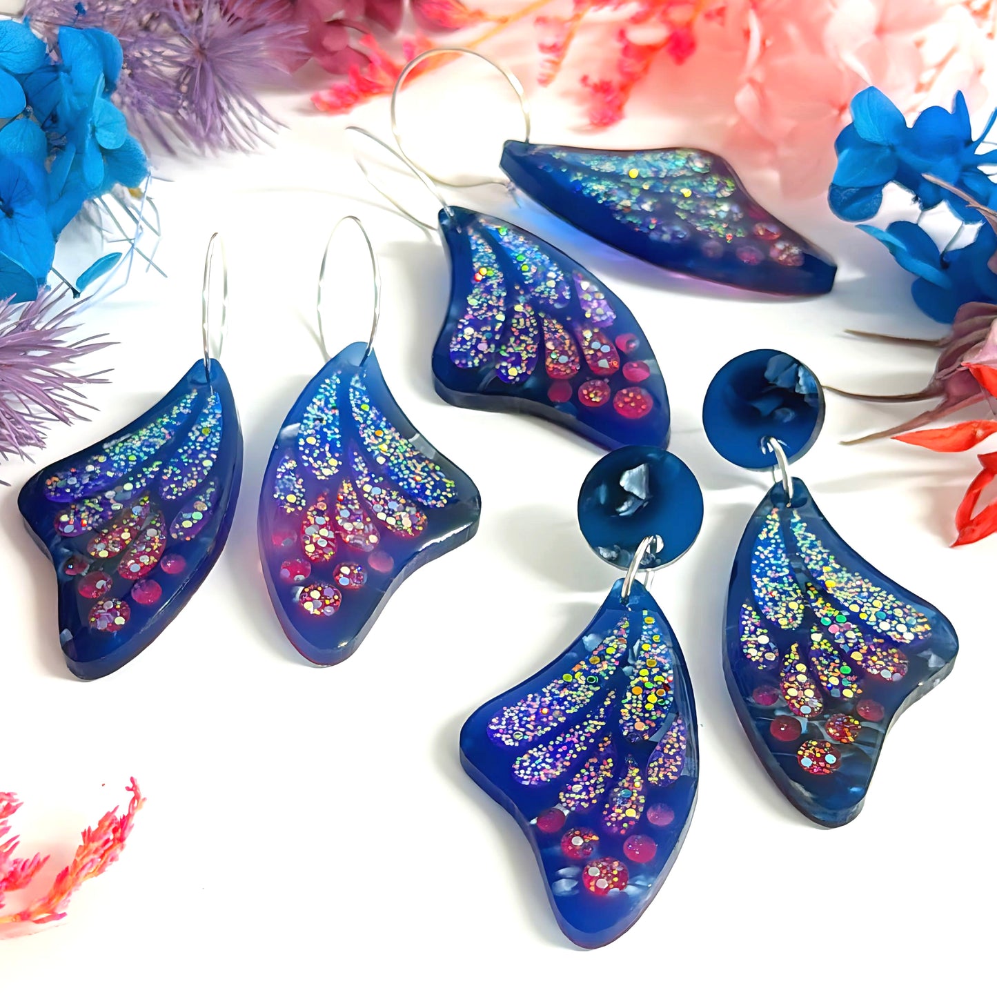 STAINED GLASS EFFECT IRIDESCENT WINGS : Butterfly Fairy : Handmade Holographic Resin & Acrylic DROP Earrings