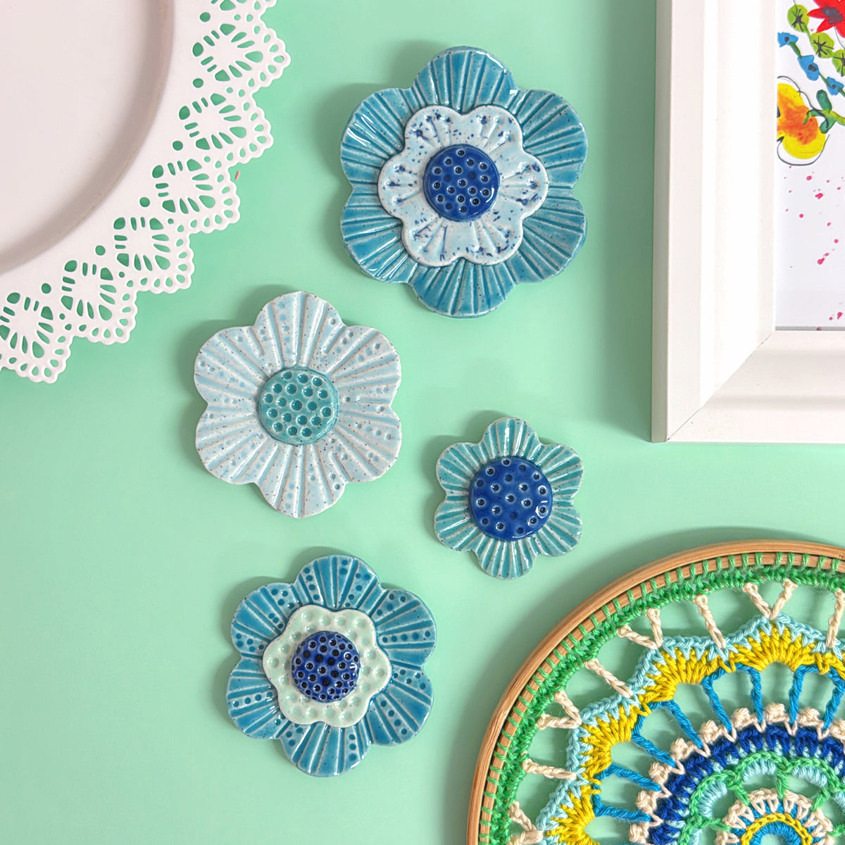 🩵 Aqua Teal & Blue 💙 WALLFLOWERS Wall Art : Choose your design : Handmade Ceramic Ornaments by Jo Kealley