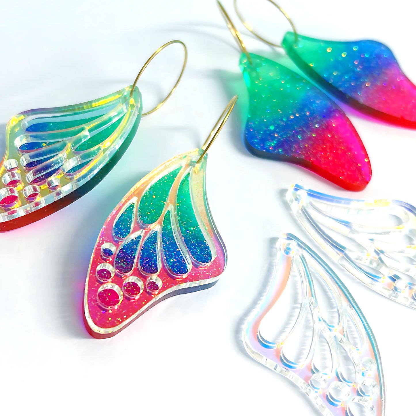 OMBRÉ WINGS : Can be worn 3 ways : Choose your colour : Handmade Holographic Resin & Acrylic DROP Earrings