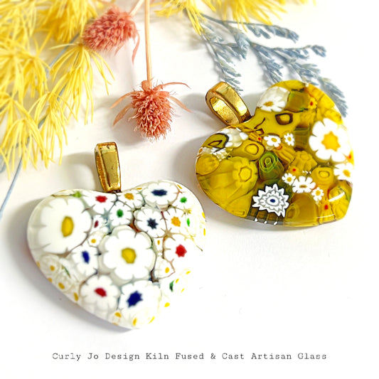 One million flowers hearts with Murano millefiori inclusions - Handcrafted Artisan Glass Pendant : Kiln-cast Glass