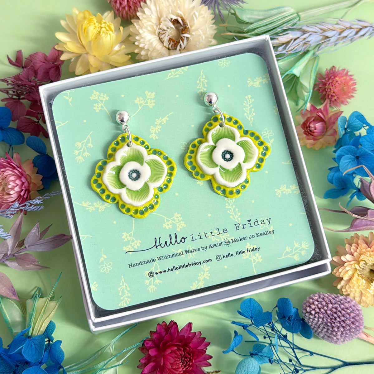 PRETTY PANSIES Emerald & Lime : One of a kind pair ~ PORCELAIN Drop Earrings Handmade by Jo Kealley