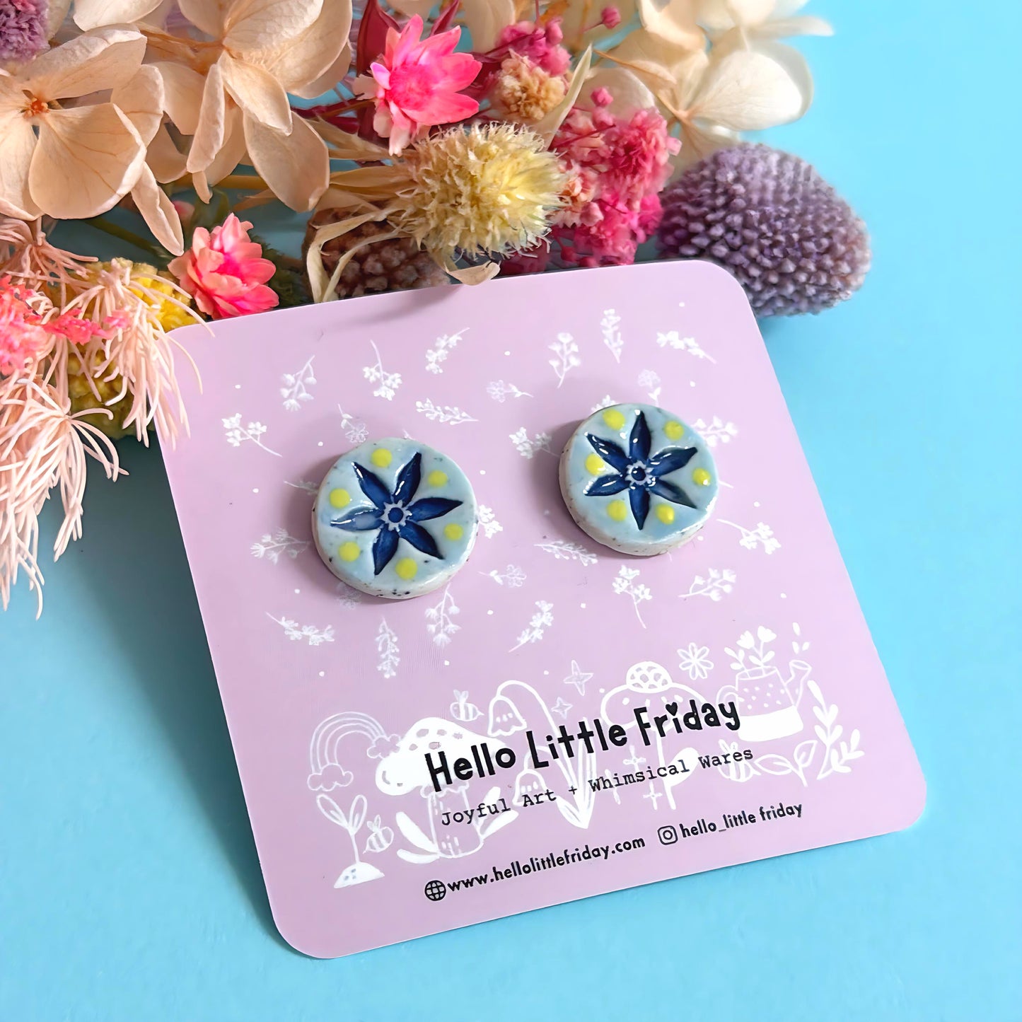 BOTANICA CERAMICA STUDS : Periwinkles : Handmade Ceramic STUD Earrings by Jo Kealley
