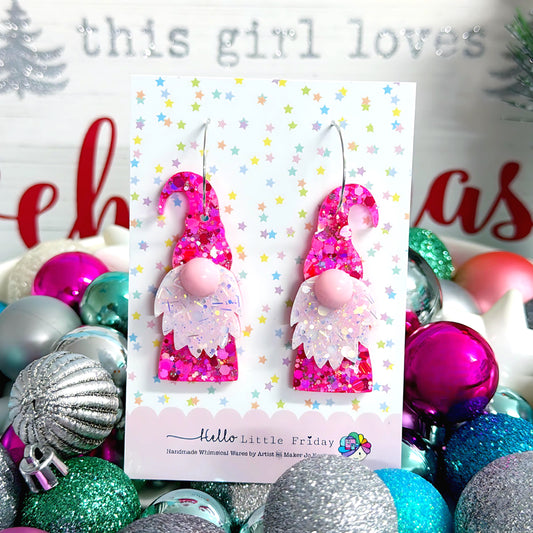 HELLO LITTLE GNOME : MERRY PINK-MAS CHRISTMAS SANTA GNOME : Handmade Resin DROP Earrings