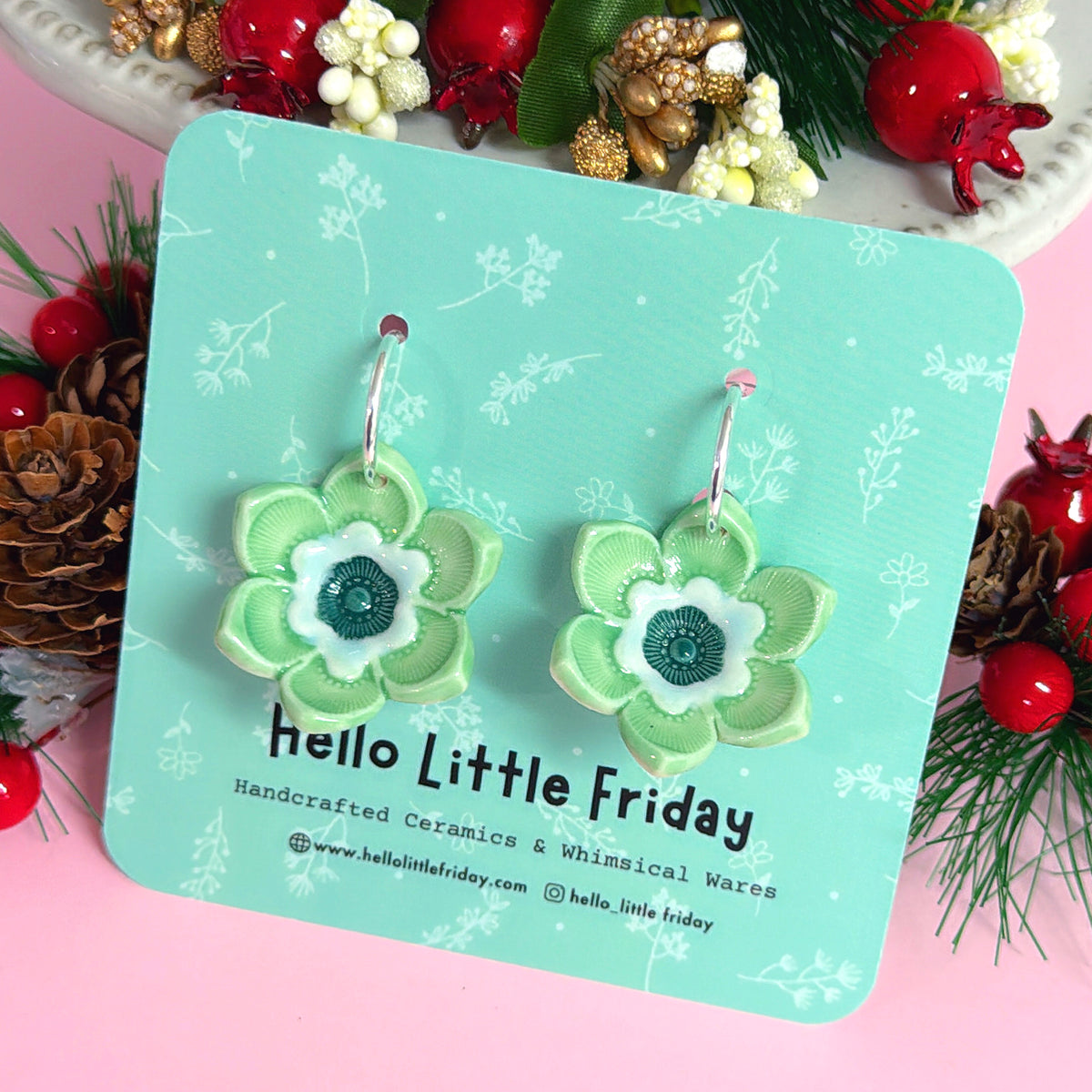 CHRISTMAS STARFLOWERS Mistletoe : PORCELAIN Drop Earrings Handmade by Jo Kealley