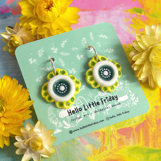 RUFFLE STARS Lemon Lime & Emerald~ PORCELAIN Drop Earrings Handmade by Jo Kealley