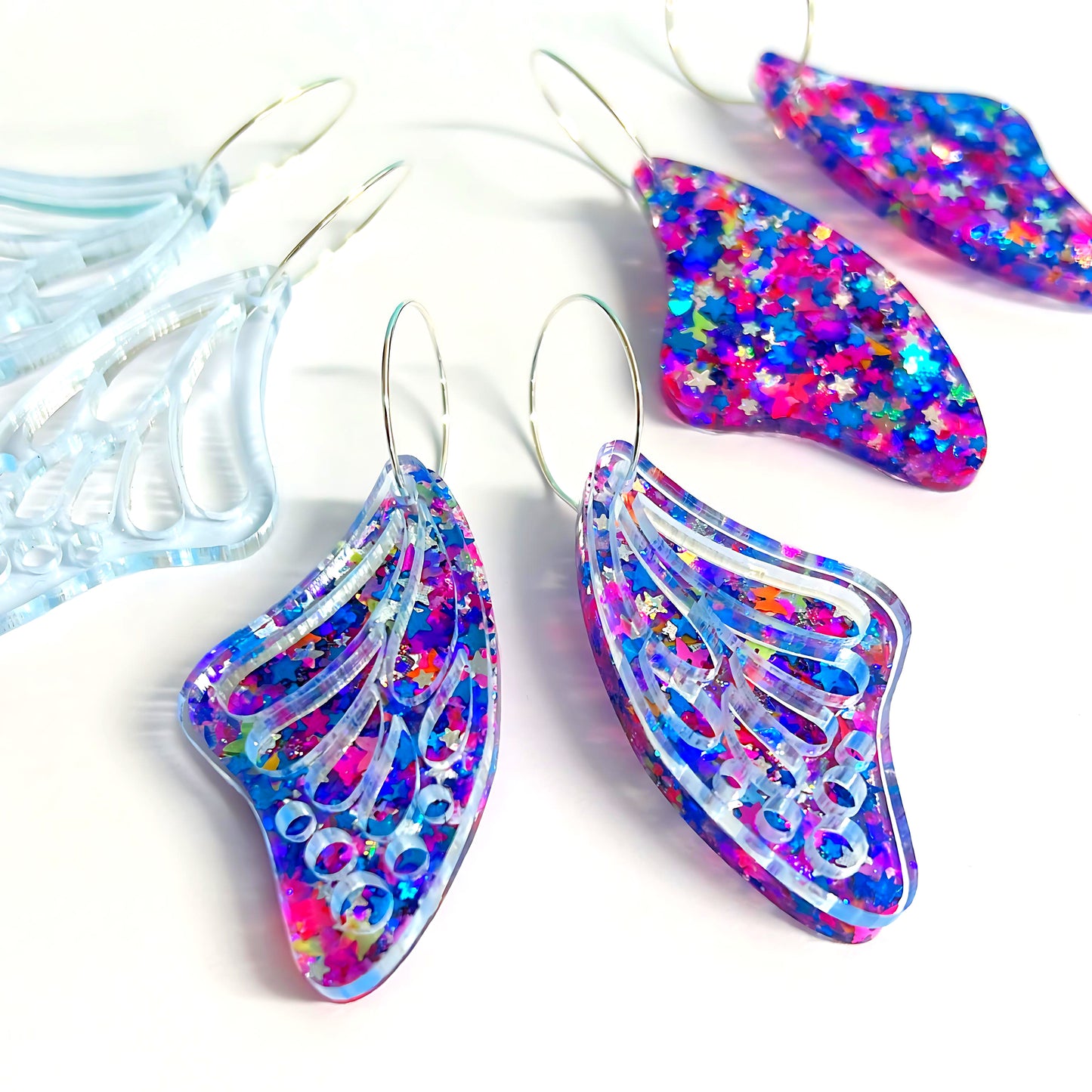 BUTTERFLY MAGIC WINGS : Can be worn 3 ways : Handmade Holographic Resin & Acrylic DROP Earrings