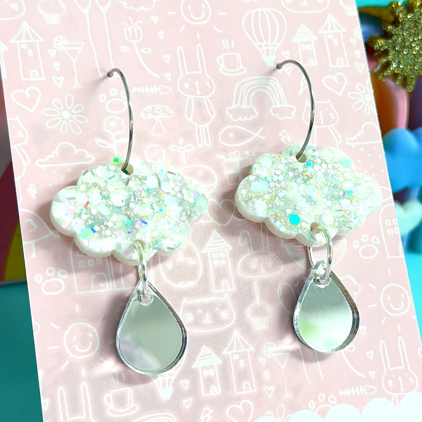 IT’S RAINING RAINBOWS : Marshmallow cloud : Handmade Resin & Acrylic DROP Earrings