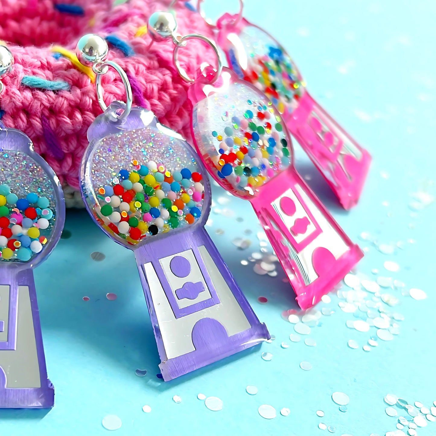 YUM YUM BUBBLEGUM : Shiny silver & pastel : Handmade Stud-top Resin & Acrylic DROP Earrings