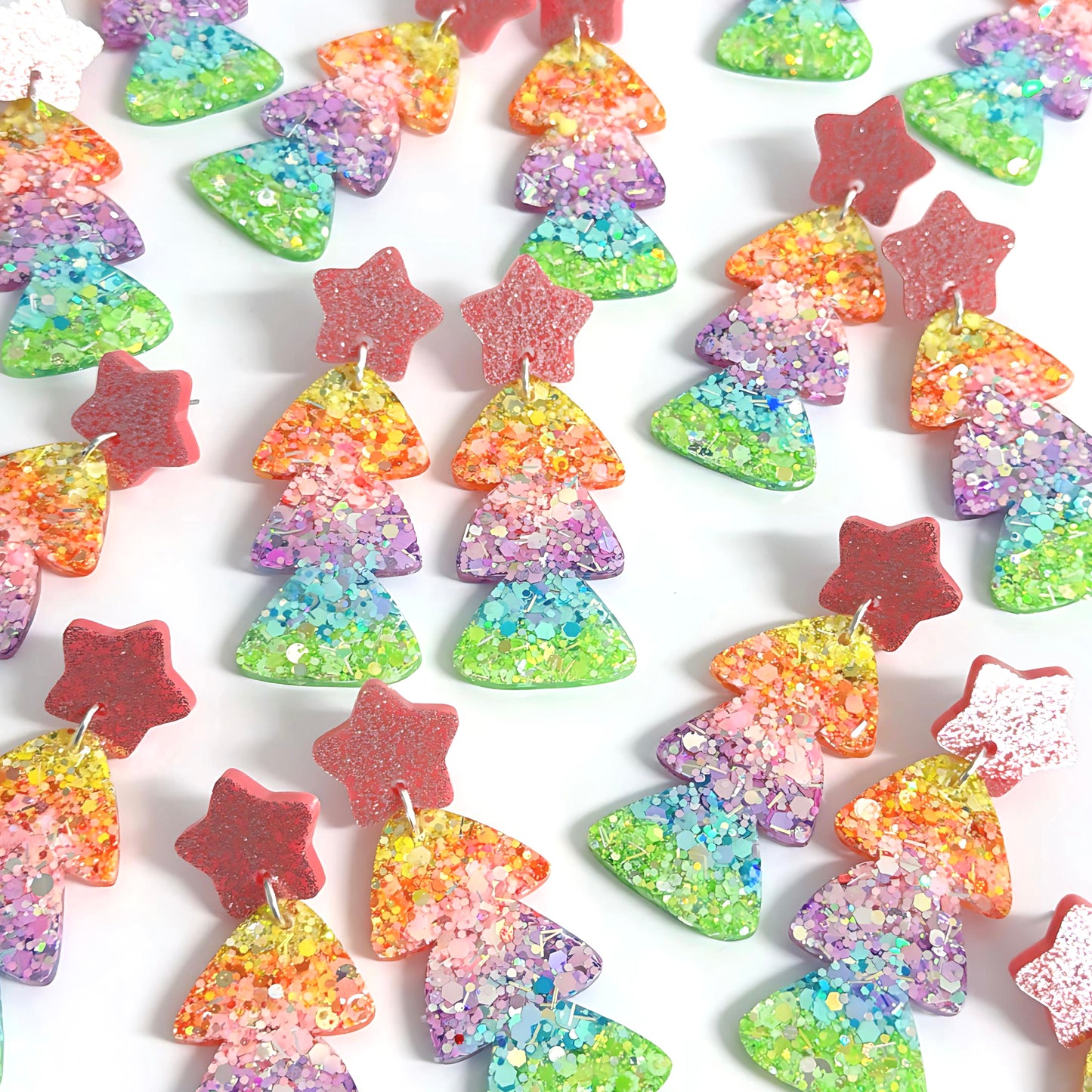 PASTEL RAINBOW OMBRÈ CHRISTMAS TREES : Handmade Resin & Acrylic Stud-top DROP Earrings on