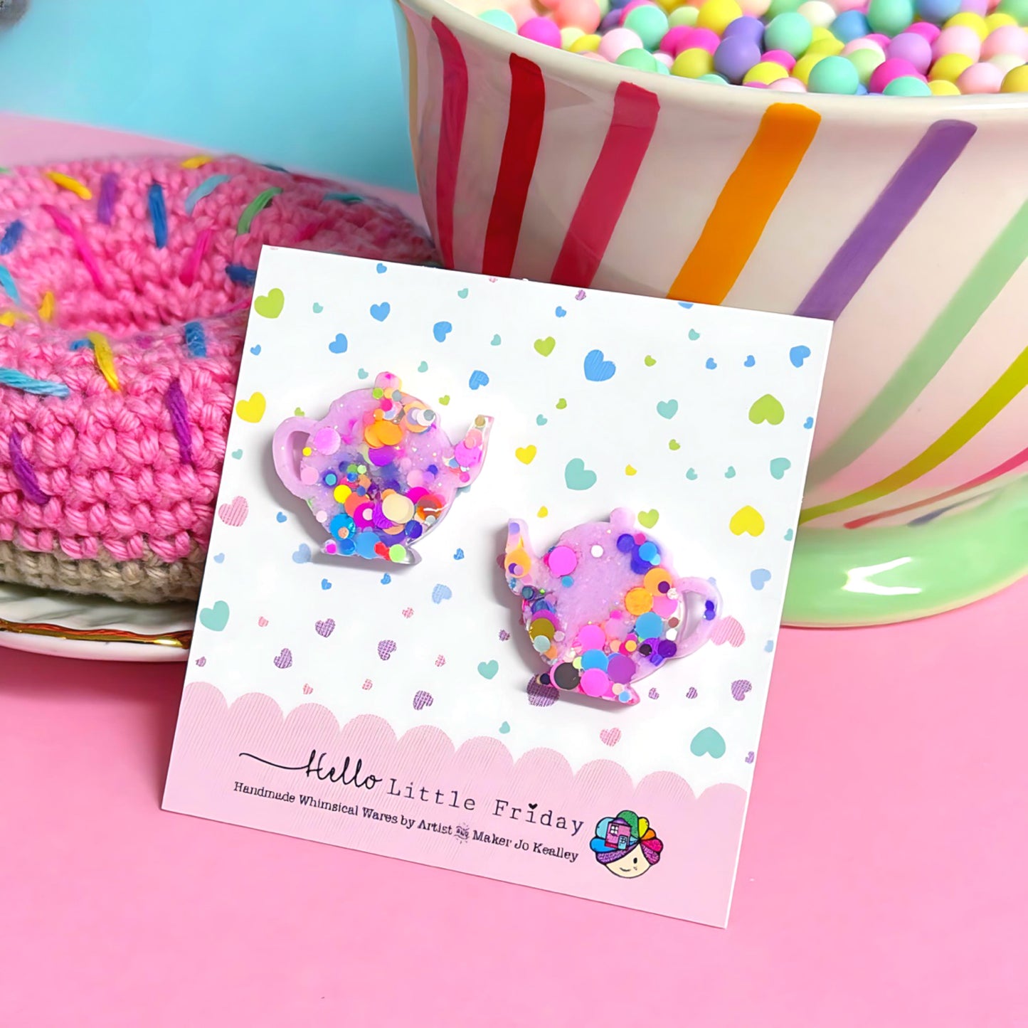 RAINBOW CONFETTI TEAPOTS : Handmade Resin Studs