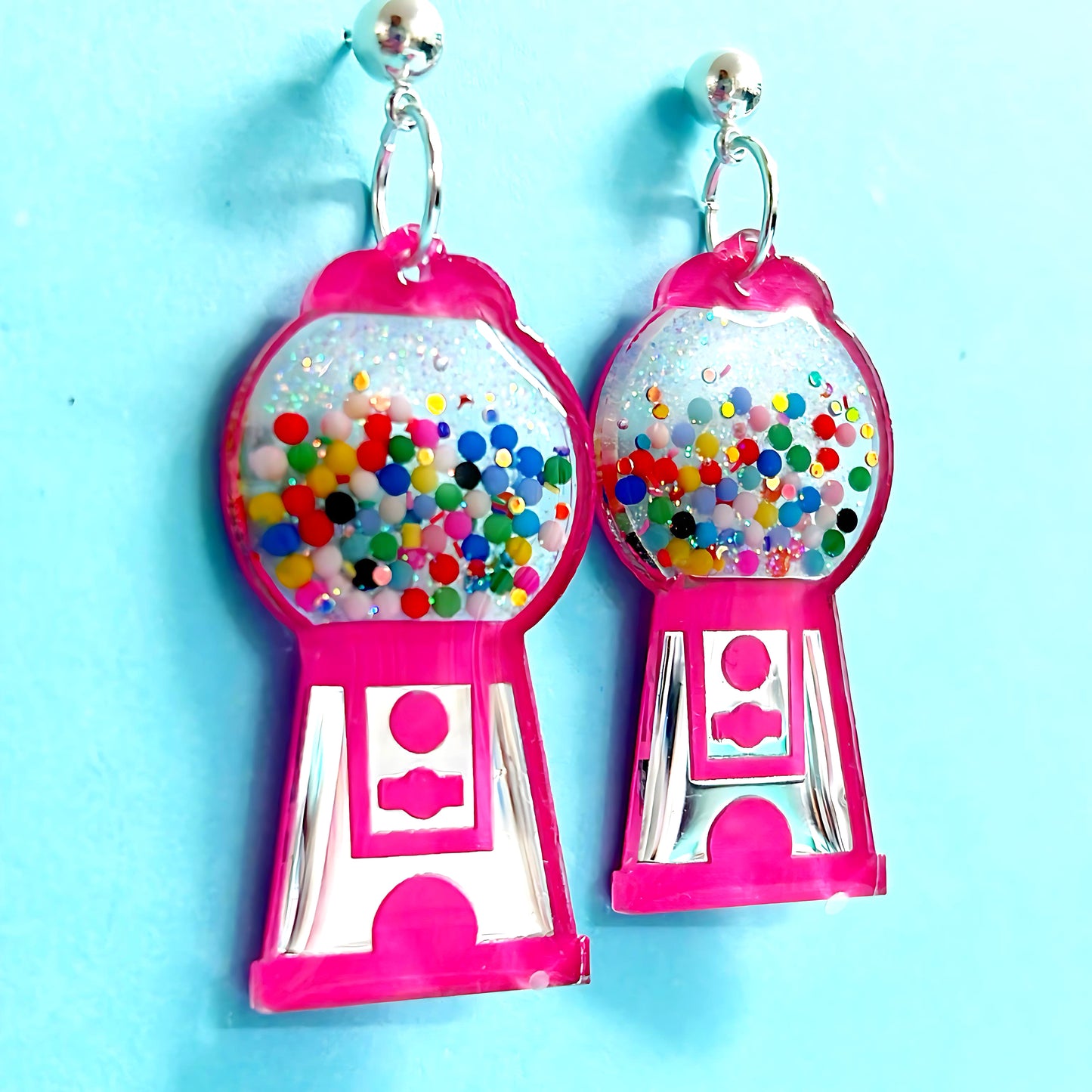 YUM YUM BUBBLEGUM : Shiny silver & pastel : Handmade Stud-top Resin & Acrylic DROP Earrings