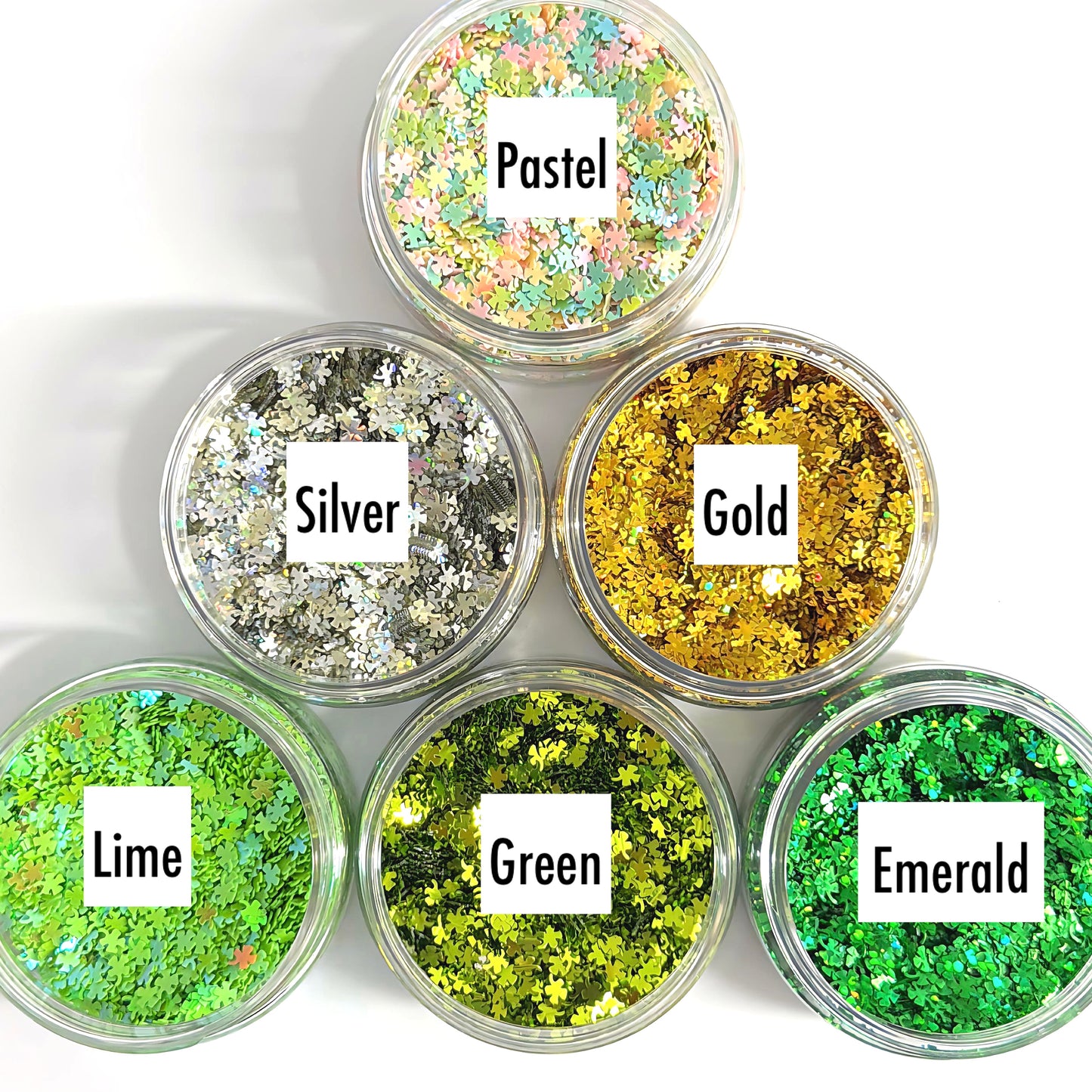 LUCKY CLOVER SHAMROCKS LEAF : Holographic Glitter : choose your colour : large black jar : Destash item