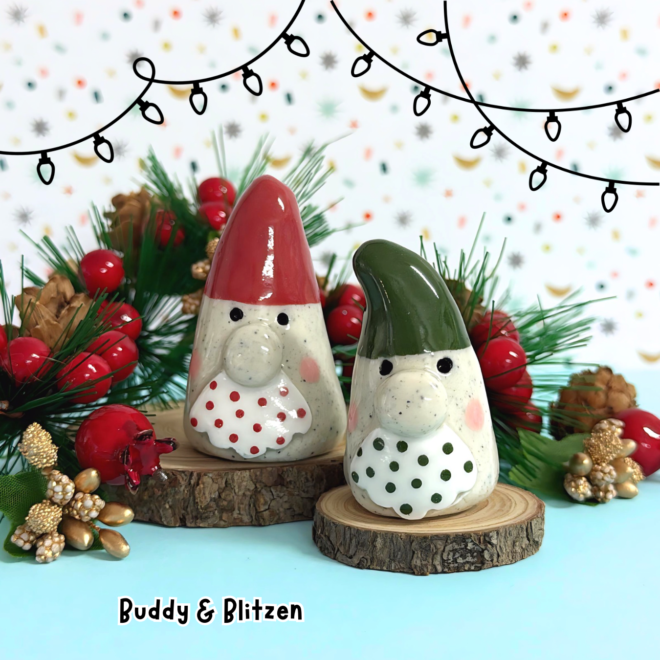 BUDDY & BLITZEN : Santa Gnome PAIR : Handmade Ceramic Whimsies by Jo Kealley