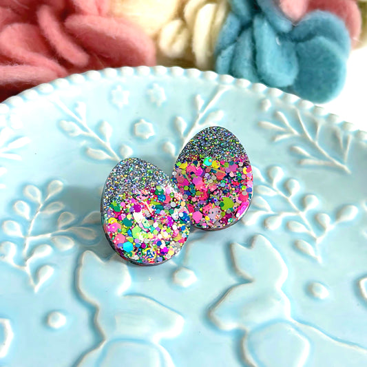 IRIDESCENT RAINBOW SHIMMER : Statement Easter Egg STUDS : Handmade Resin