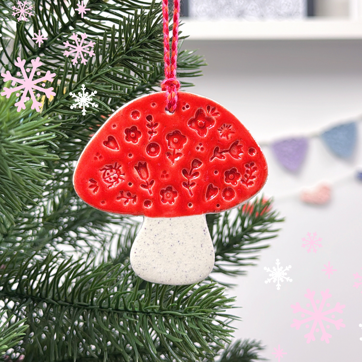 Woodland Toadstool large Ornament : Ruby Red ~ Handmade Ceramic Ornament by Jo Kealley
