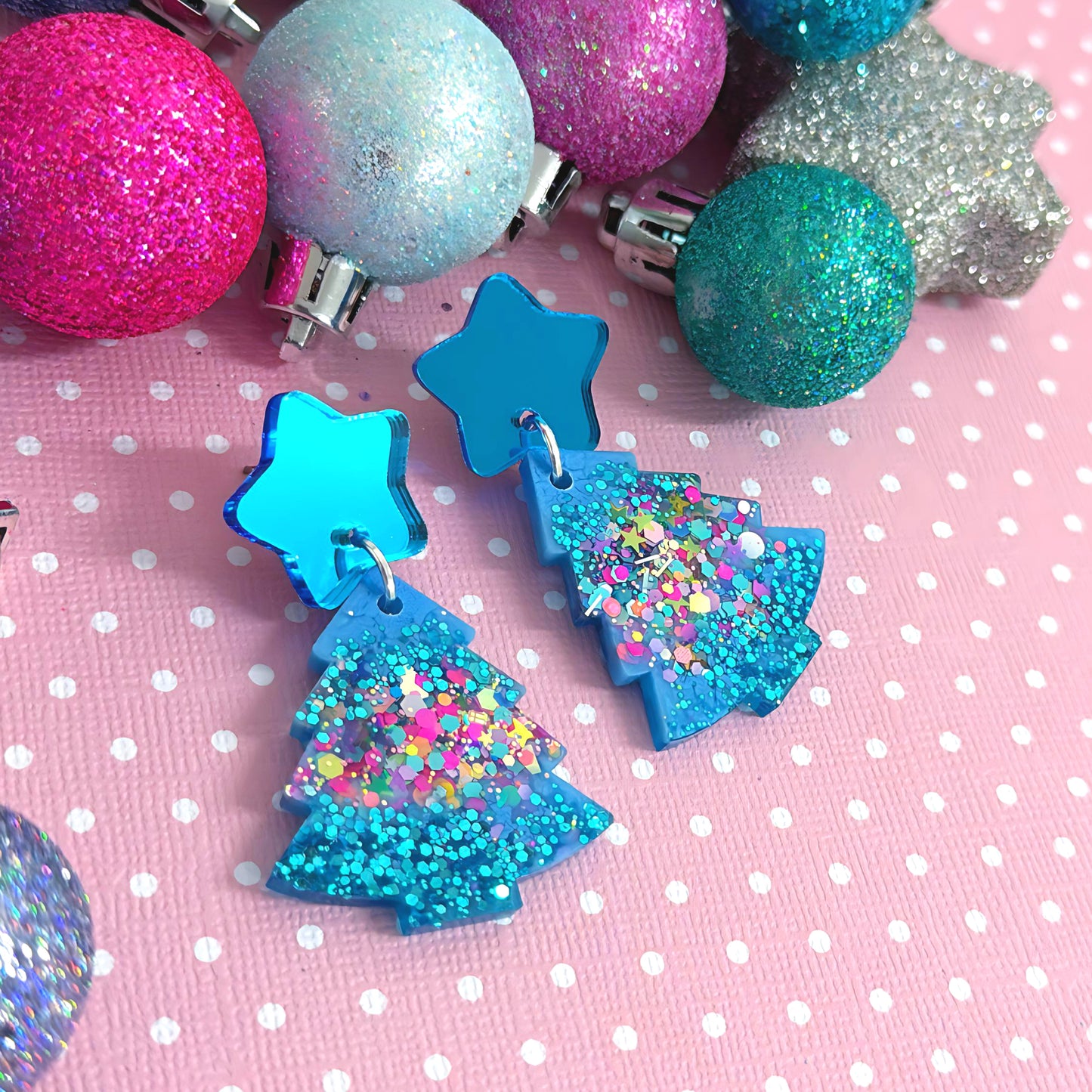 TWINKLING LIGHTS 
: RAINBOW CHRISTMAS TREES : Handmade Resin & Acrylic Stud-top DROP Earrings