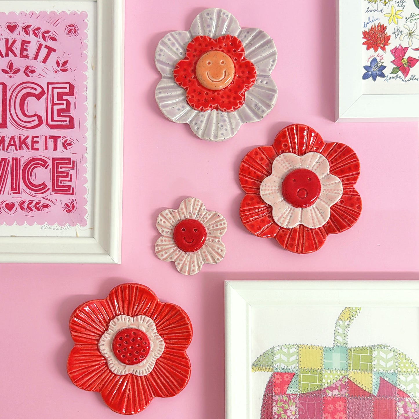 ❤️ Red & Blush Pink 🩷 WALLFLOWERS Wall Art : Choose your design : Handmade Ceramic Ornaments by Jo Kealley