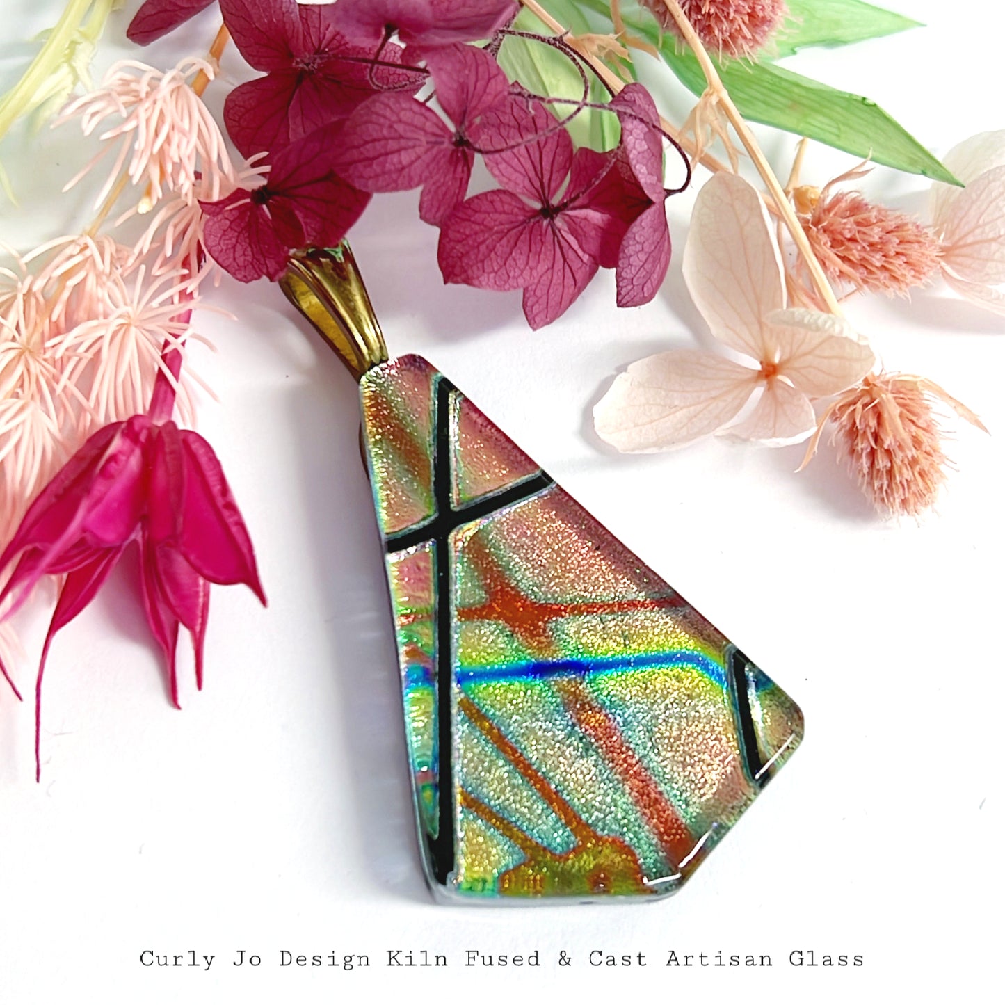 Geometric Anstract - Handcrafted Artisan Glass Pendant : Kiln-fused Dichroic Glass