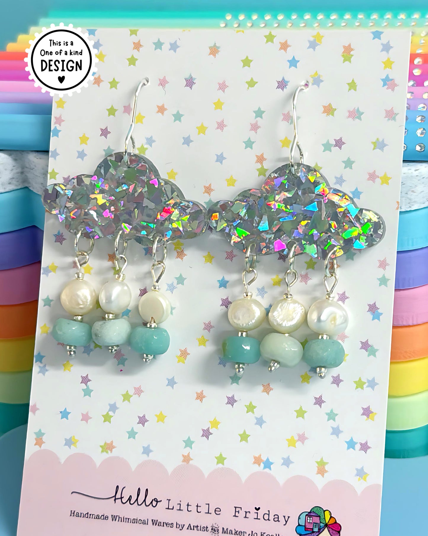 ONE OF A KIND: SILVER SHARD RAINBOW CLOUDS : Handmade Acrylic Beaded DROP Earrings