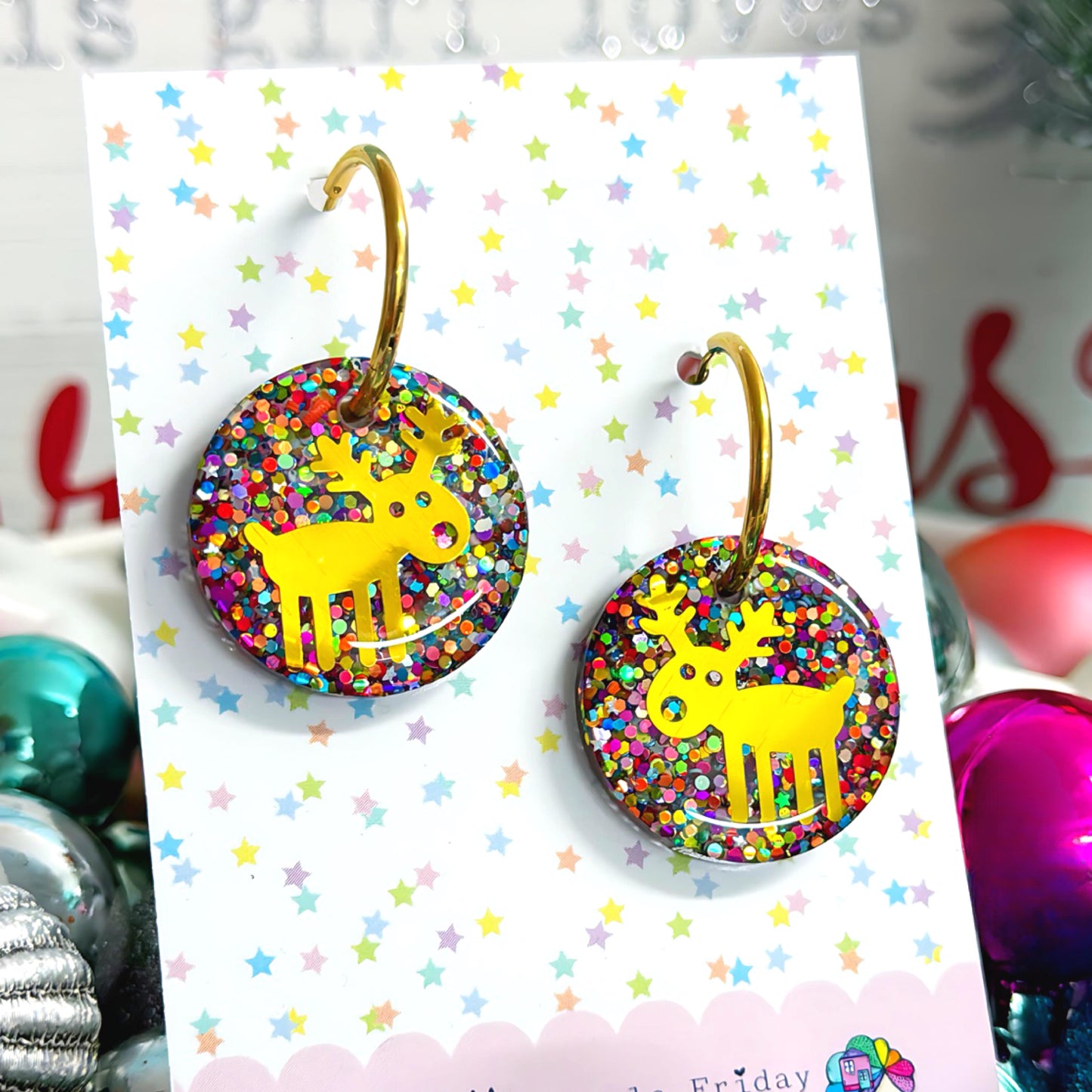 RUDOLPH THE RED NOSE REINDEER : GOLDEN RAINBOW : Handmade Resin DROP Earrings